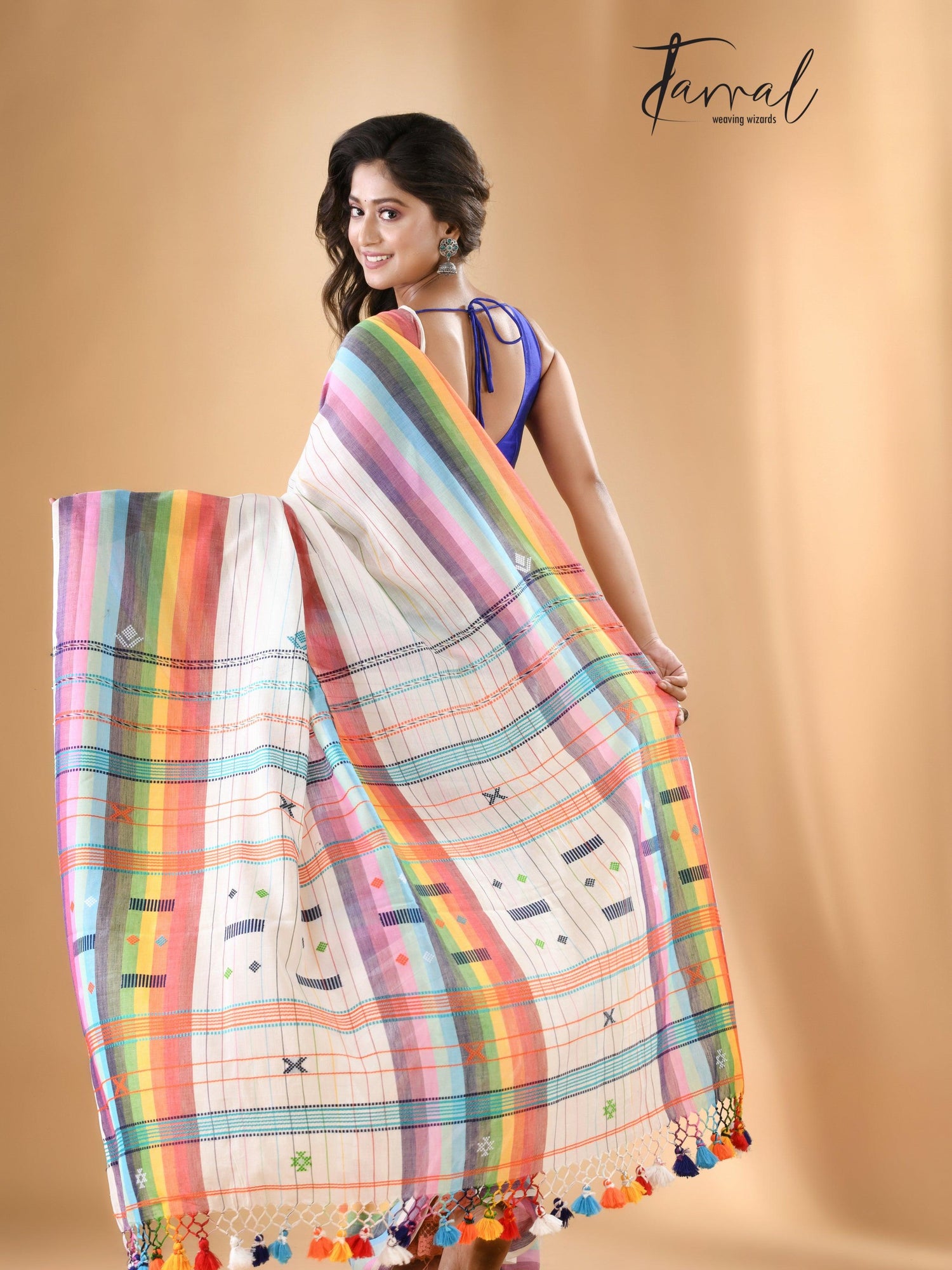 White with multicolour bhujodi design cotton handloom saree