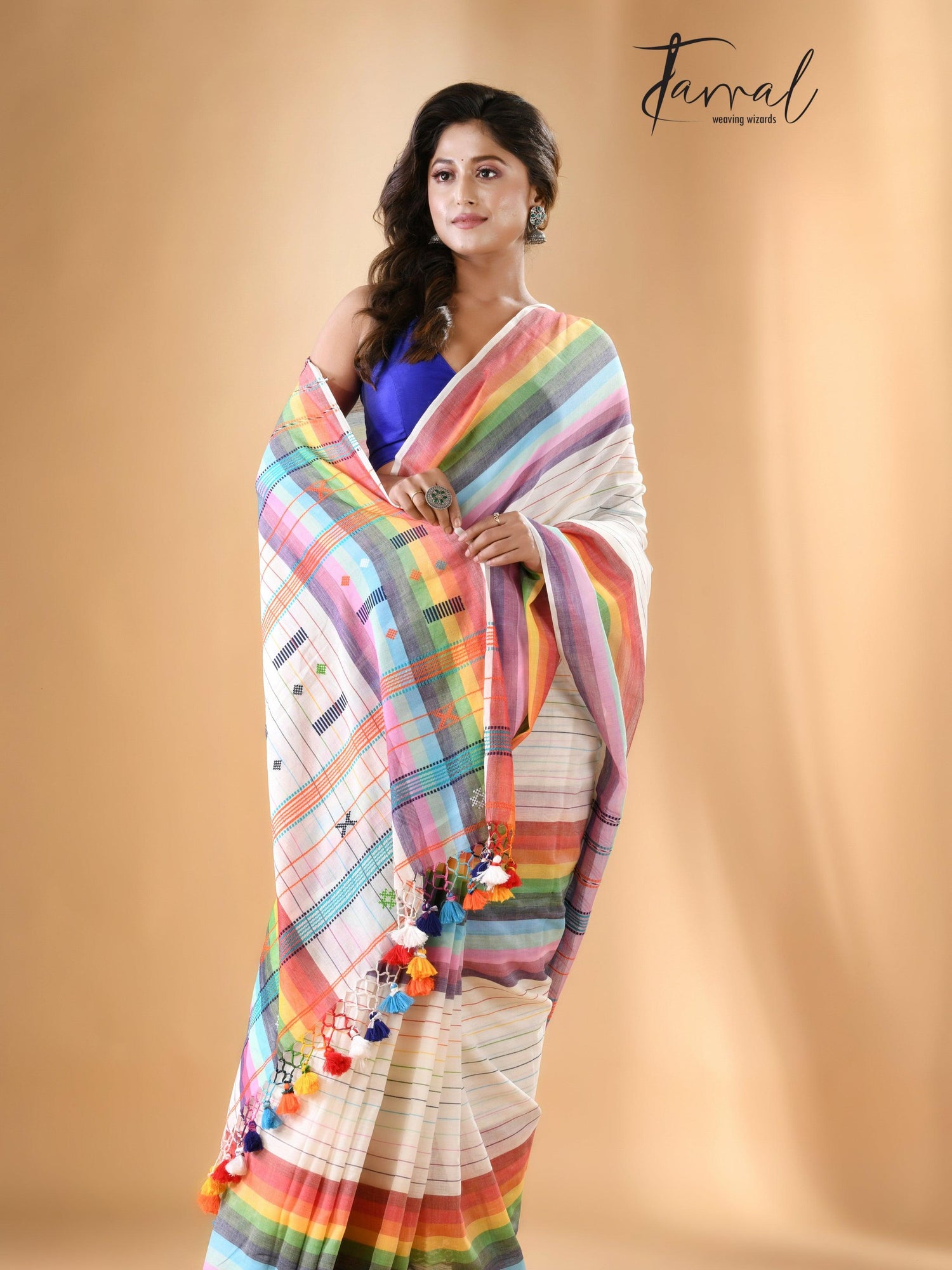 White with multicolour bhujodi design cotton handloom saree
