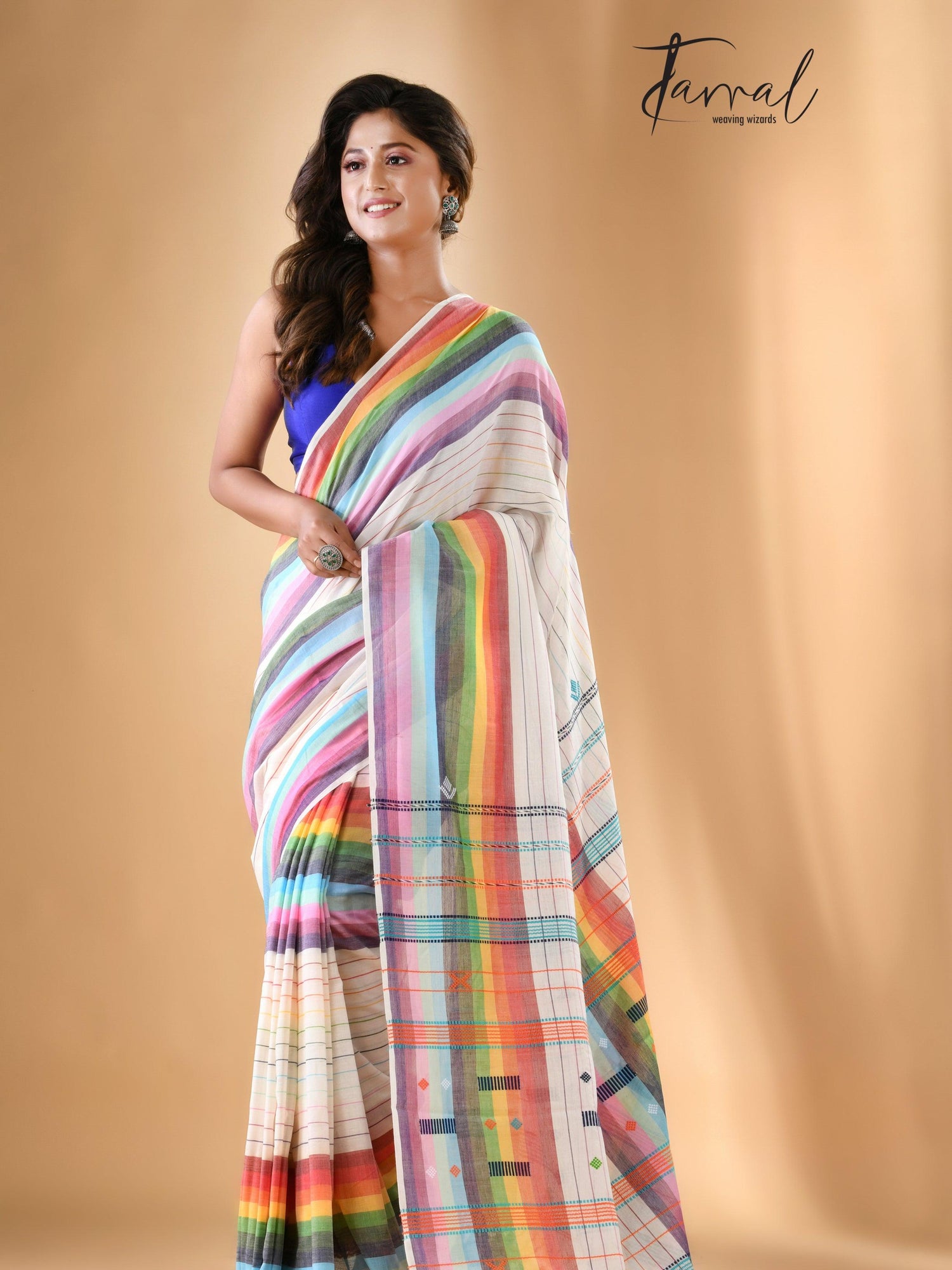 White with multicolour bhujodi design cotton handloom saree