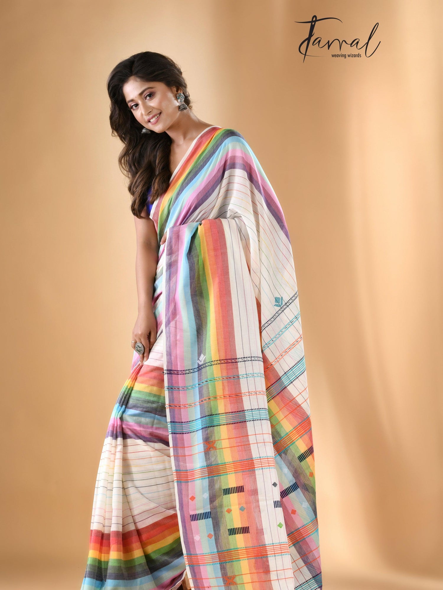 White with multicolour bhujodi design cotton handloom saree