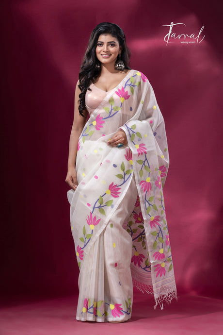 White with pink floral border handwoven muslin jamdani saree full