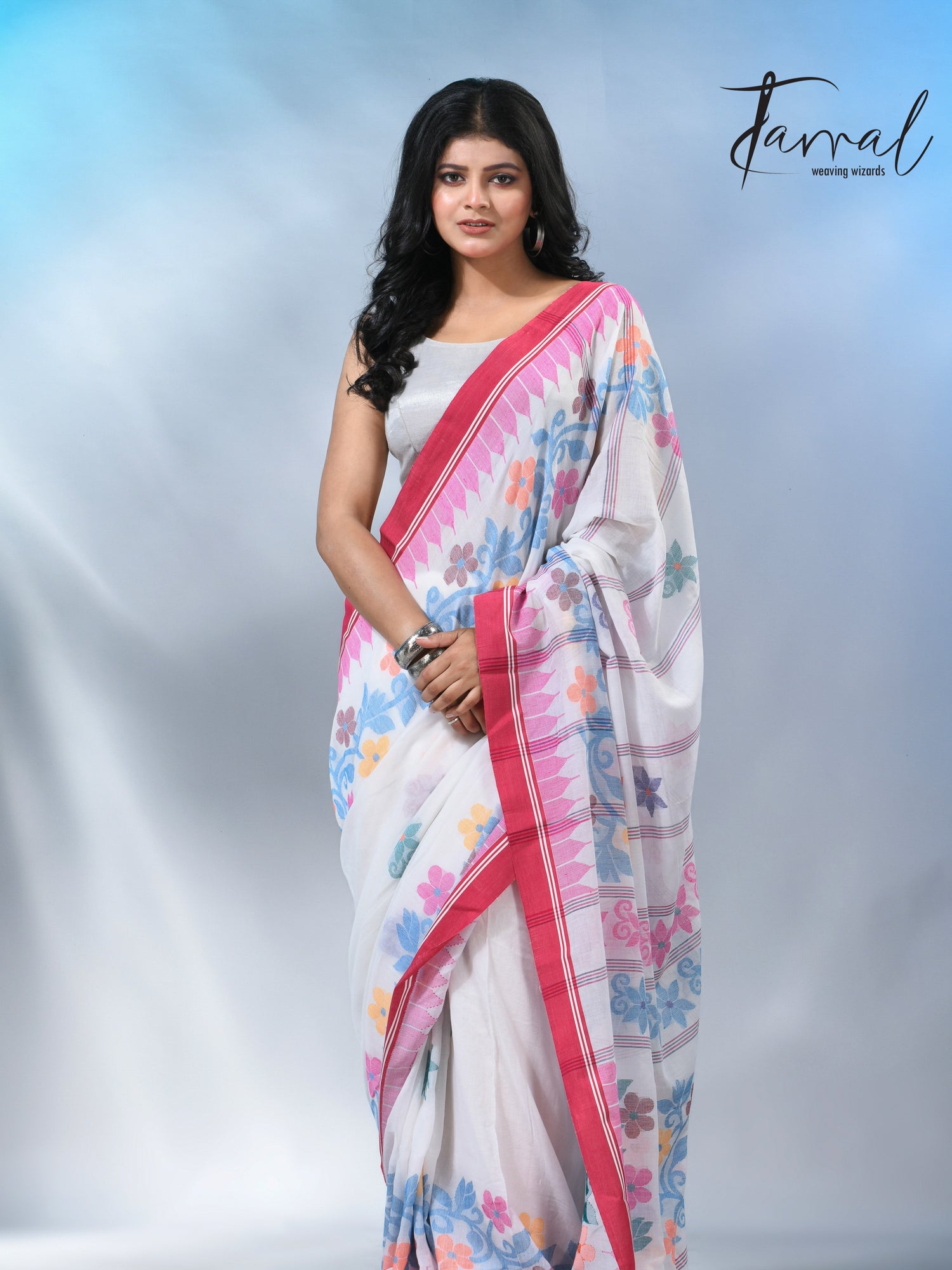 White with pink temple border cotton handloom jamdani saree
