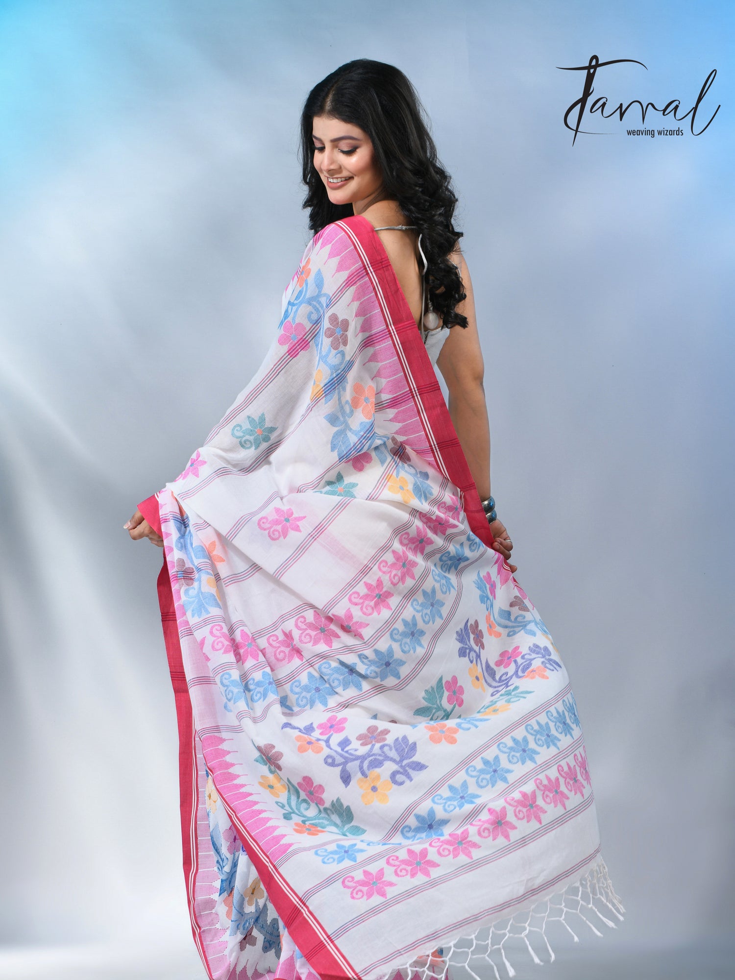 White with pink temple border cotton handloom jamdani saree