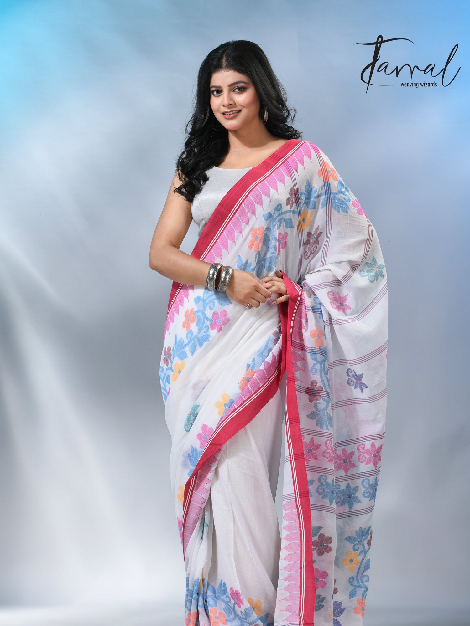 White with pink temple border cotton handloom jamdani saree