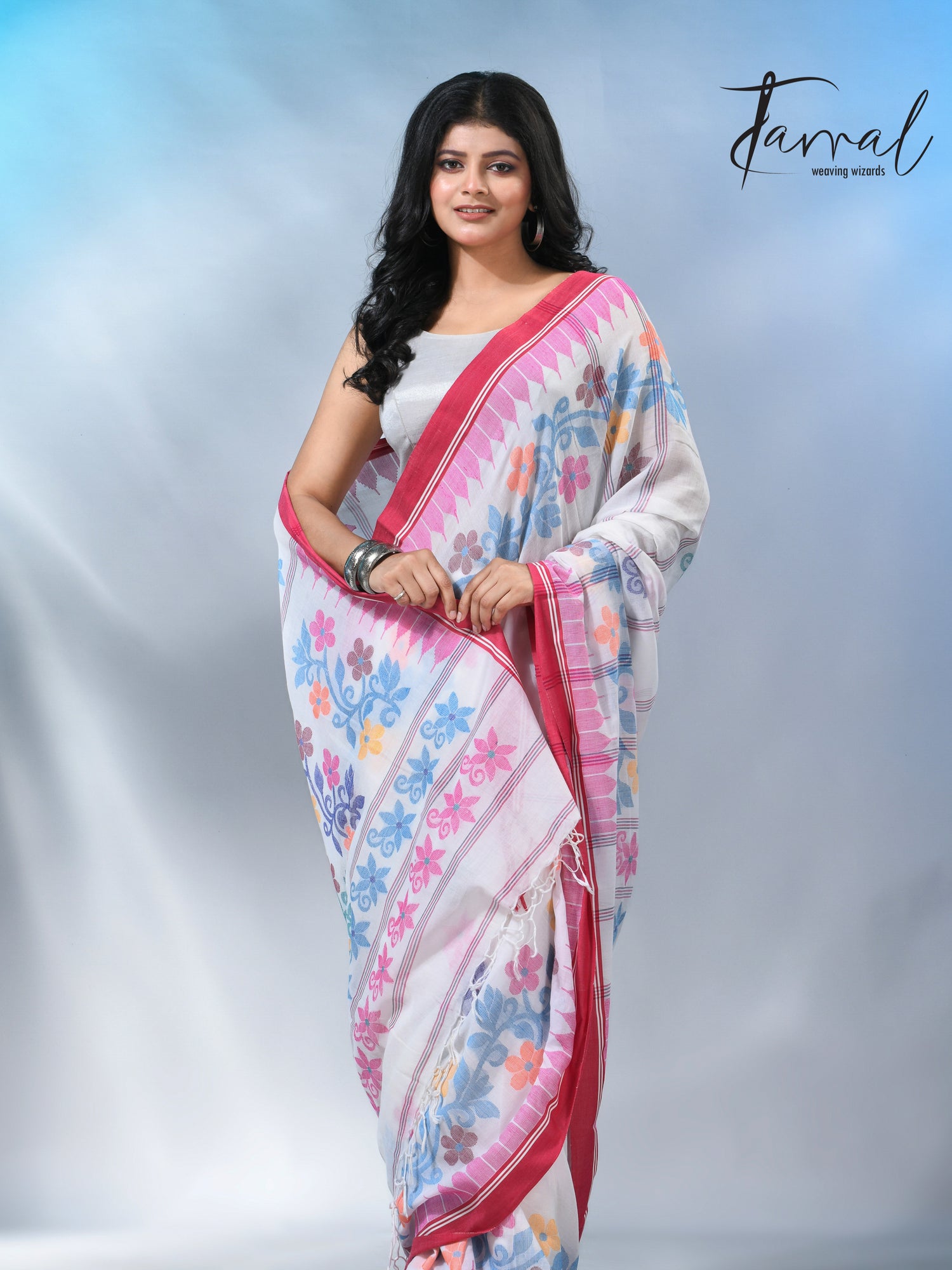 White with pink temple border cotton handloom jamdani saree