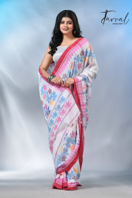 White with pink temple border cotton handloom jamdani saree