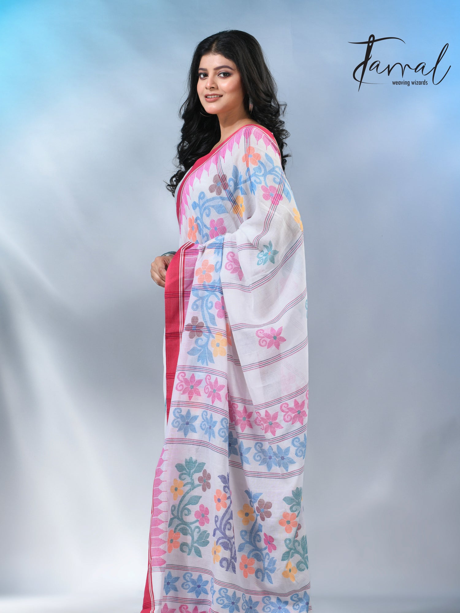 White with pink temple border cotton handloom jamdani saree