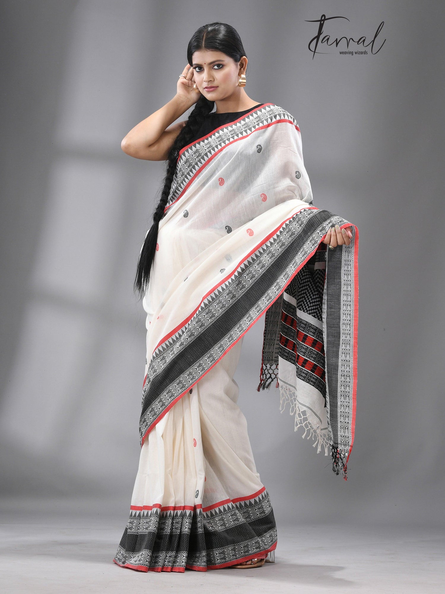 White with red & black fish motifs border handloom cotton saree