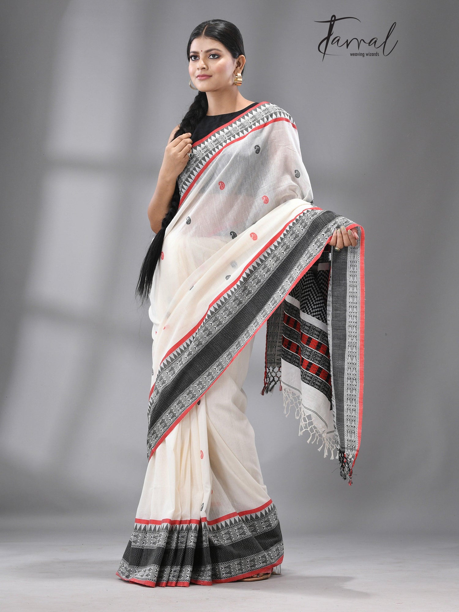 White with red & black fish motifs border handloom cotton saree