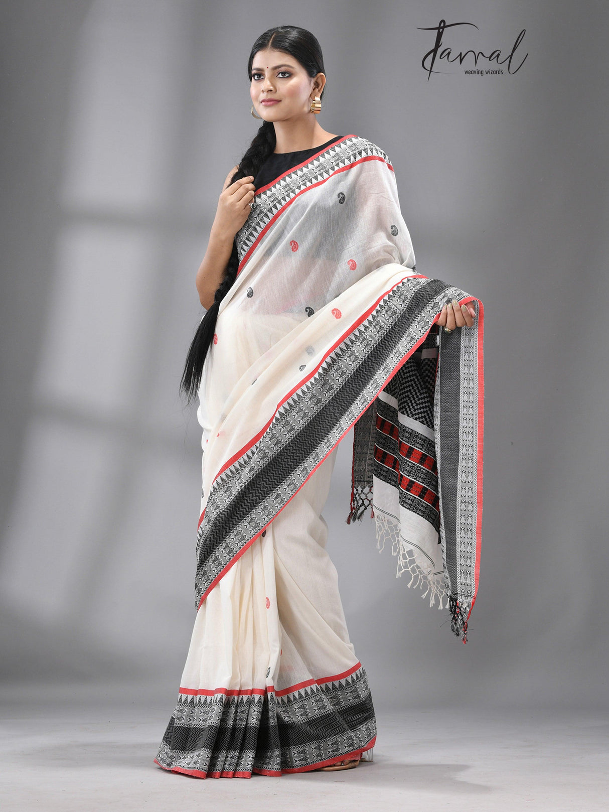 White with red & black fish motifs border handloom cotton saree