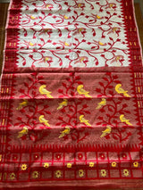 White with red border soft bird design handloom dhakai jamdani saree - Tamal Boutique