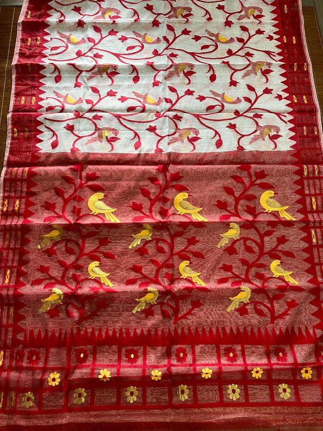 White with red border soft bird design handloom dhakai jamdani saree - Tamal Boutique