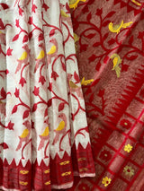 White with red border soft bird design handloom dhakai jamdani saree - Tamal Boutique