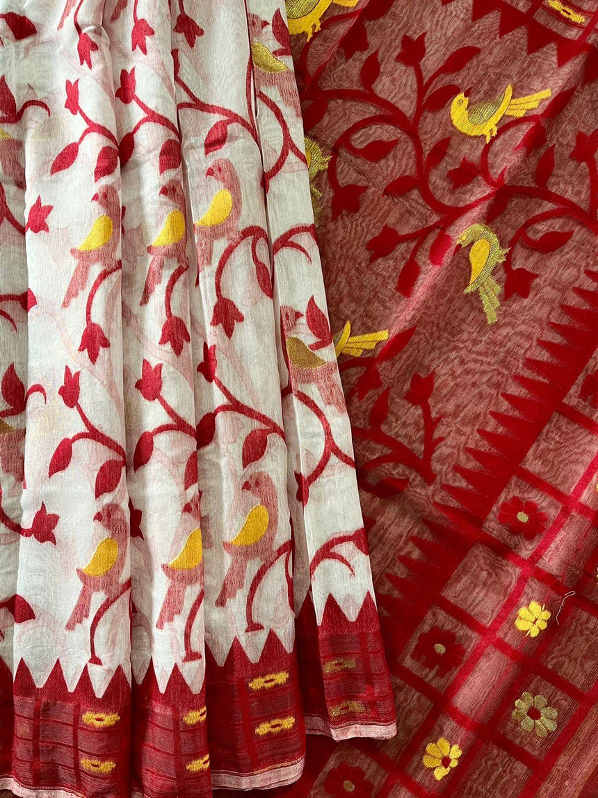 White with red border soft bird design handloom dhakai jamdani saree - Tamal Boutique