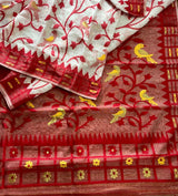 White with red border soft bird design handloom dhakai jamdani saree - Tamal Boutique