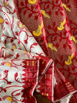 White with red border soft bird design handloom dhakai jamdani saree - Tamal Boutique