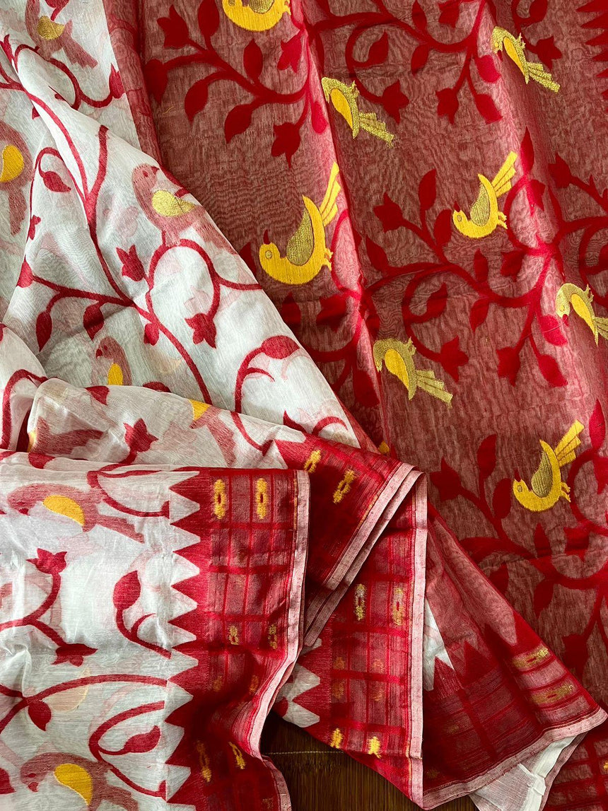 White with red border soft bird design handloom dhakai jamdani saree - Tamal Boutique