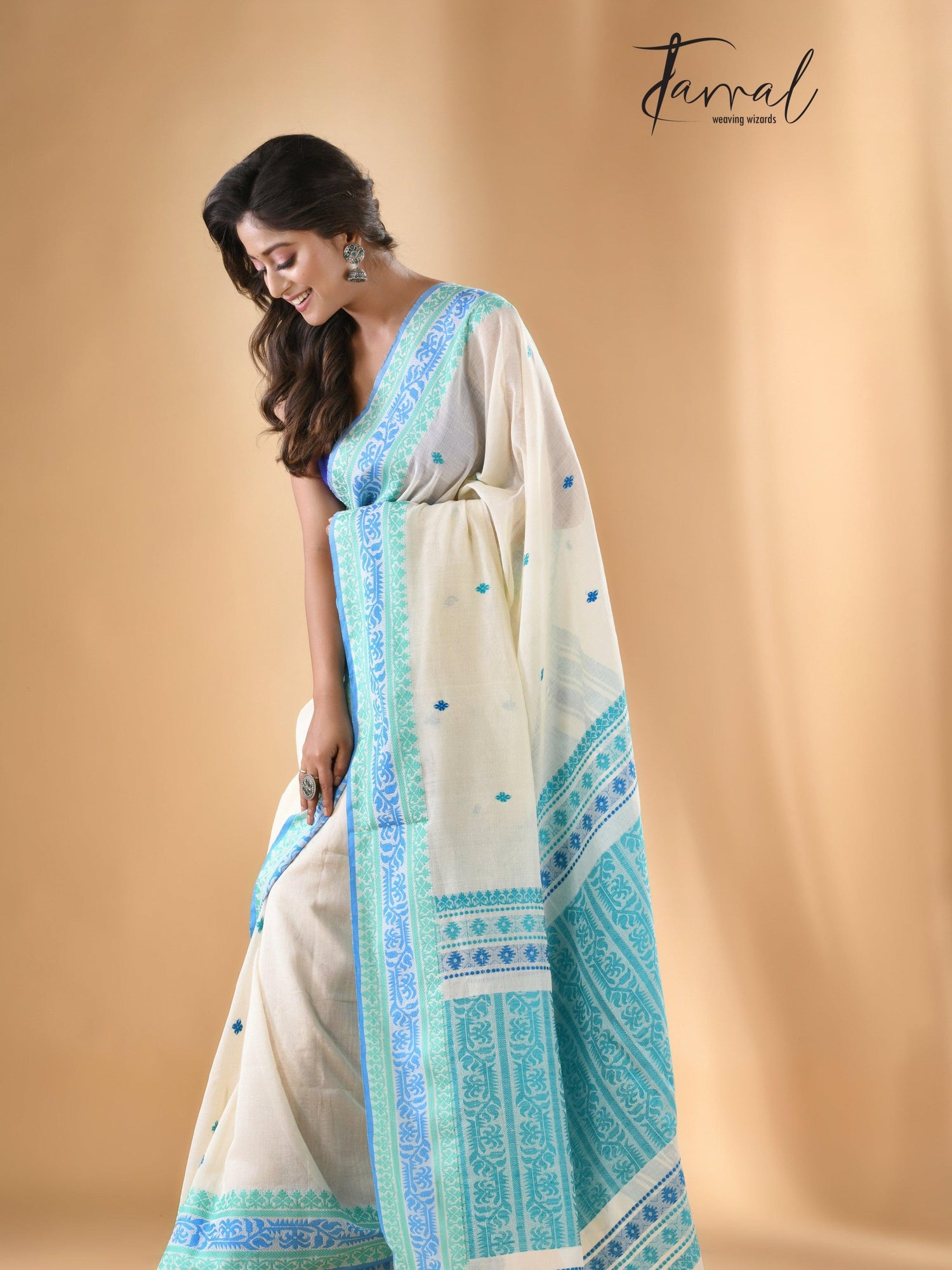 White with turquoise blue fulia cotton handloom saree