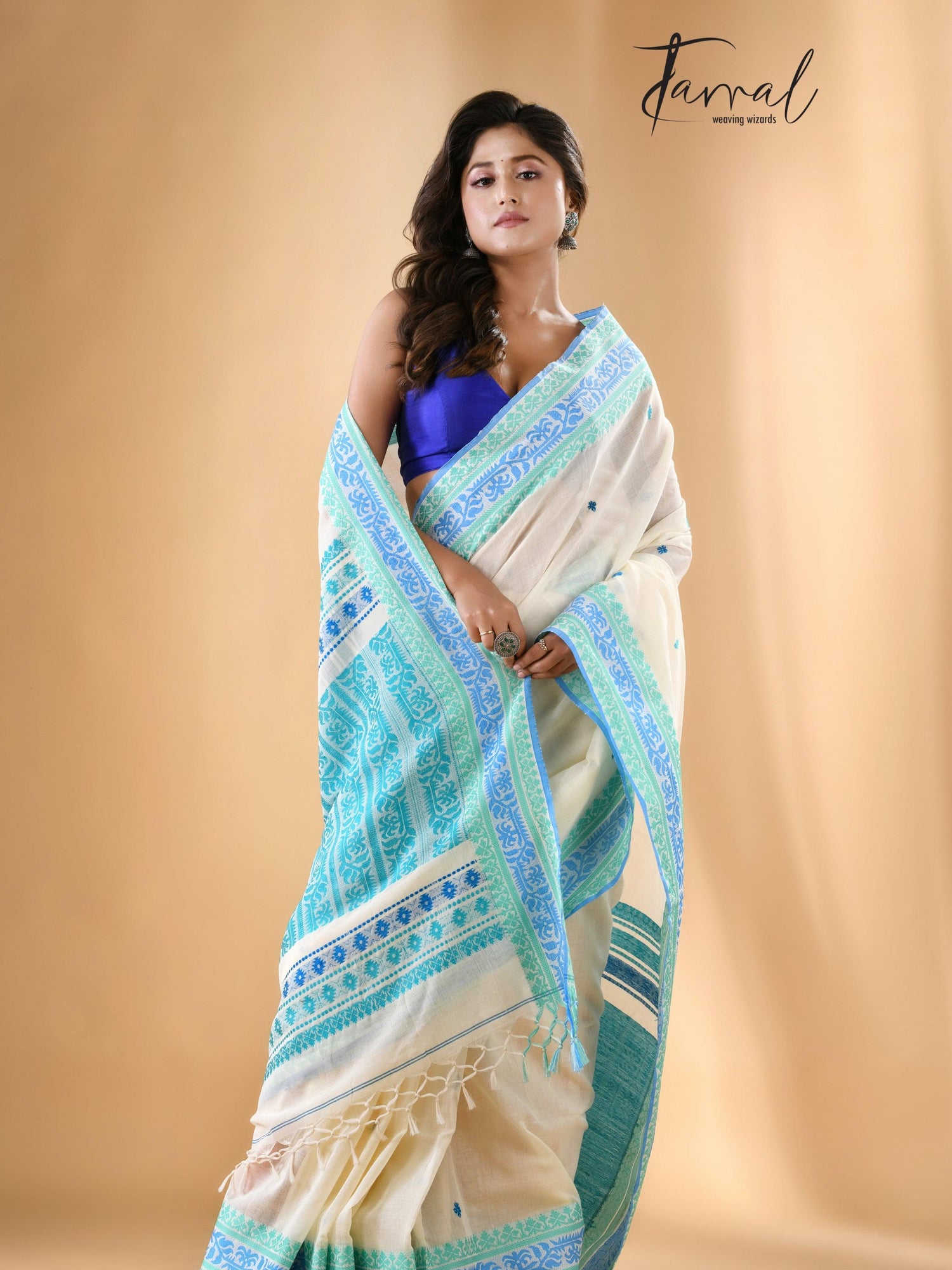 White with turquoise blue fulia cotton handloom saree