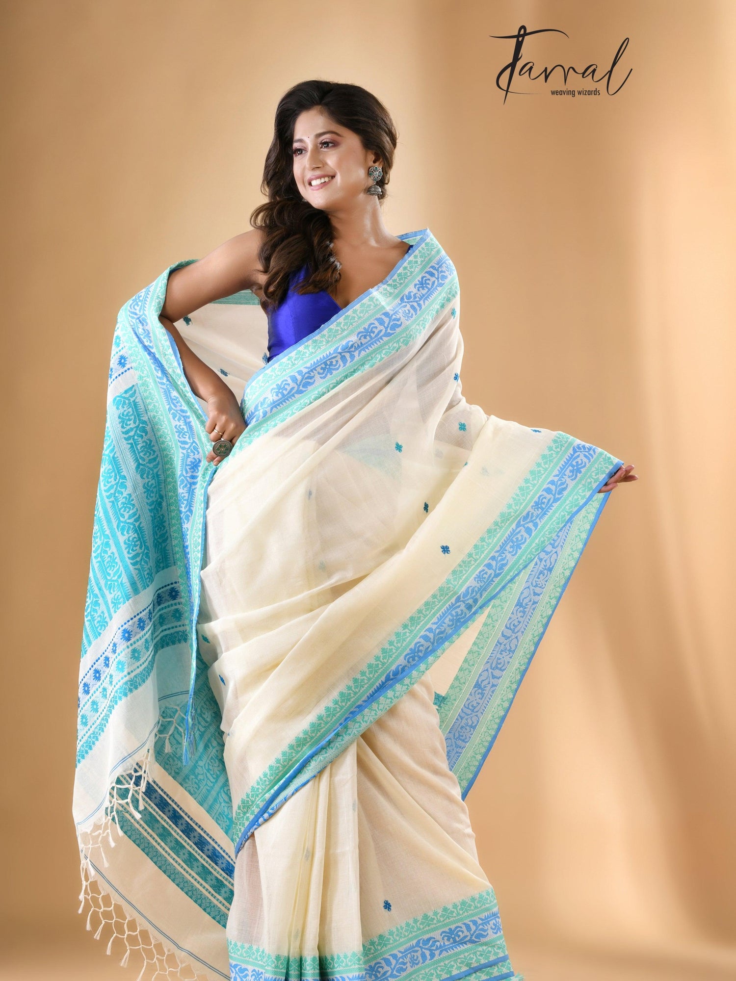 White with turquoise blue fulia cotton handloom saree
