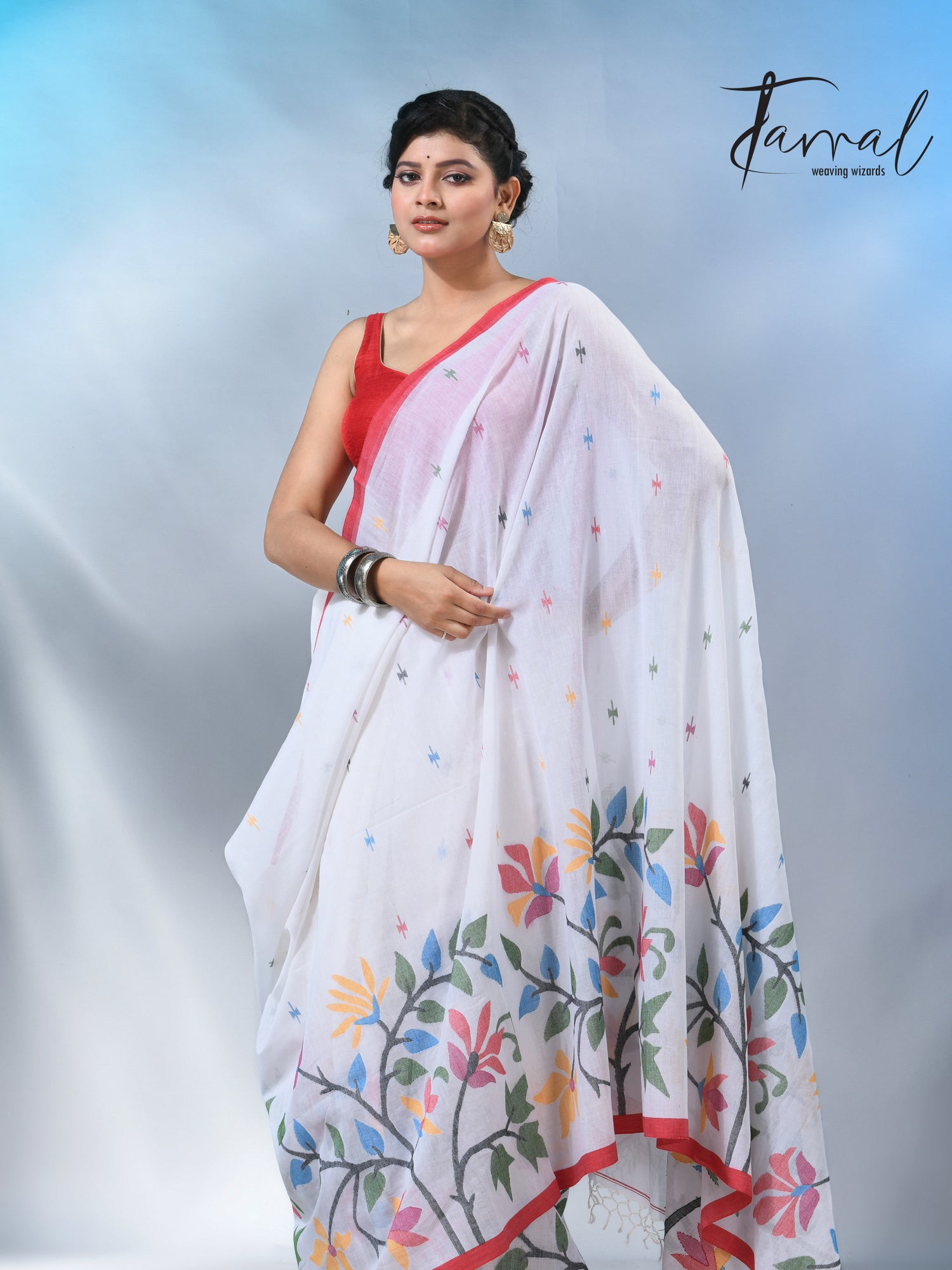 White with wide floral border cotton handwoven jamdani saree