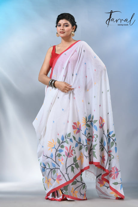 White with wide floral border cotton handwoven jamdani saree