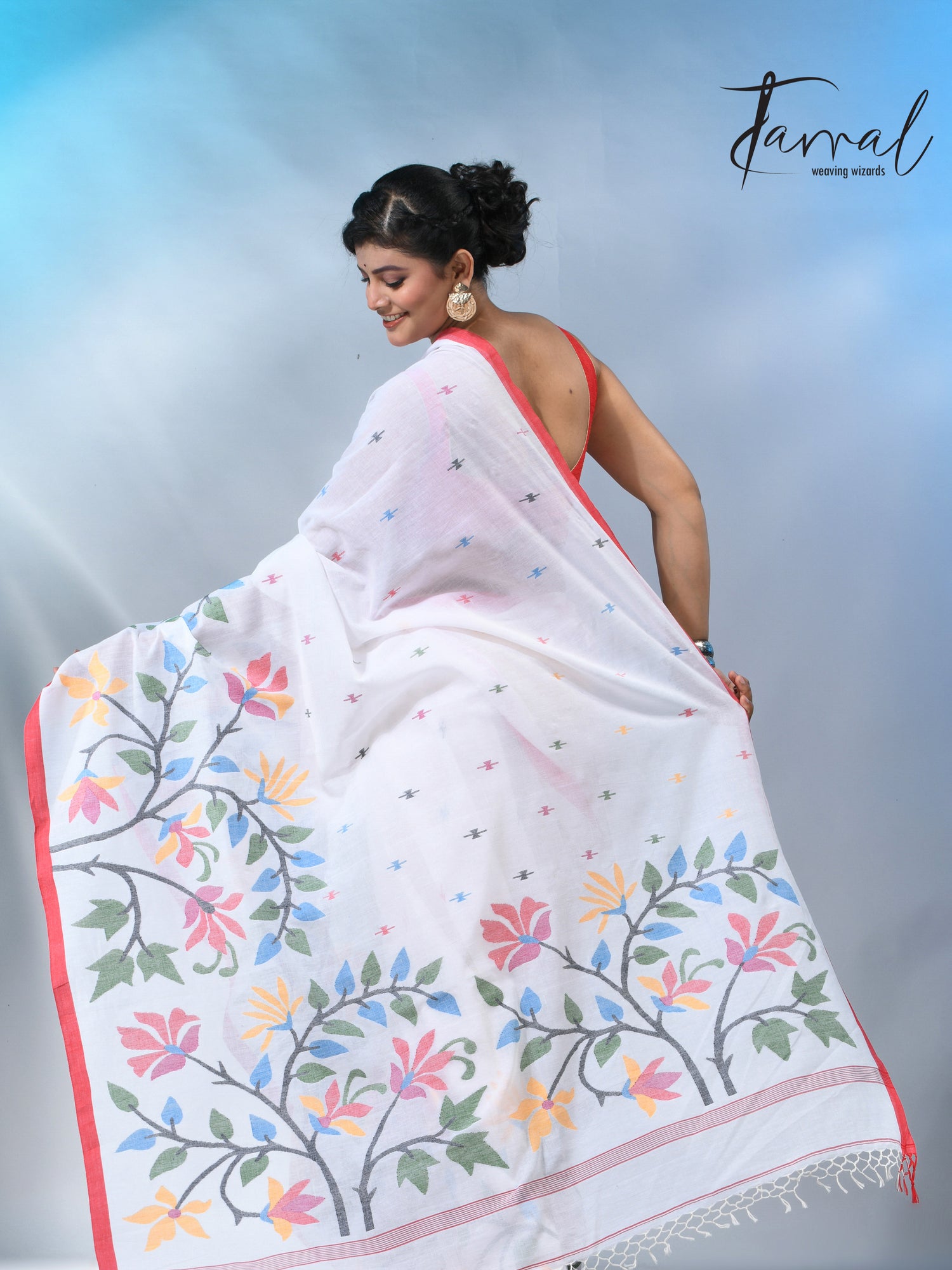 White with wide floral border cotton handwoven jamdani saree