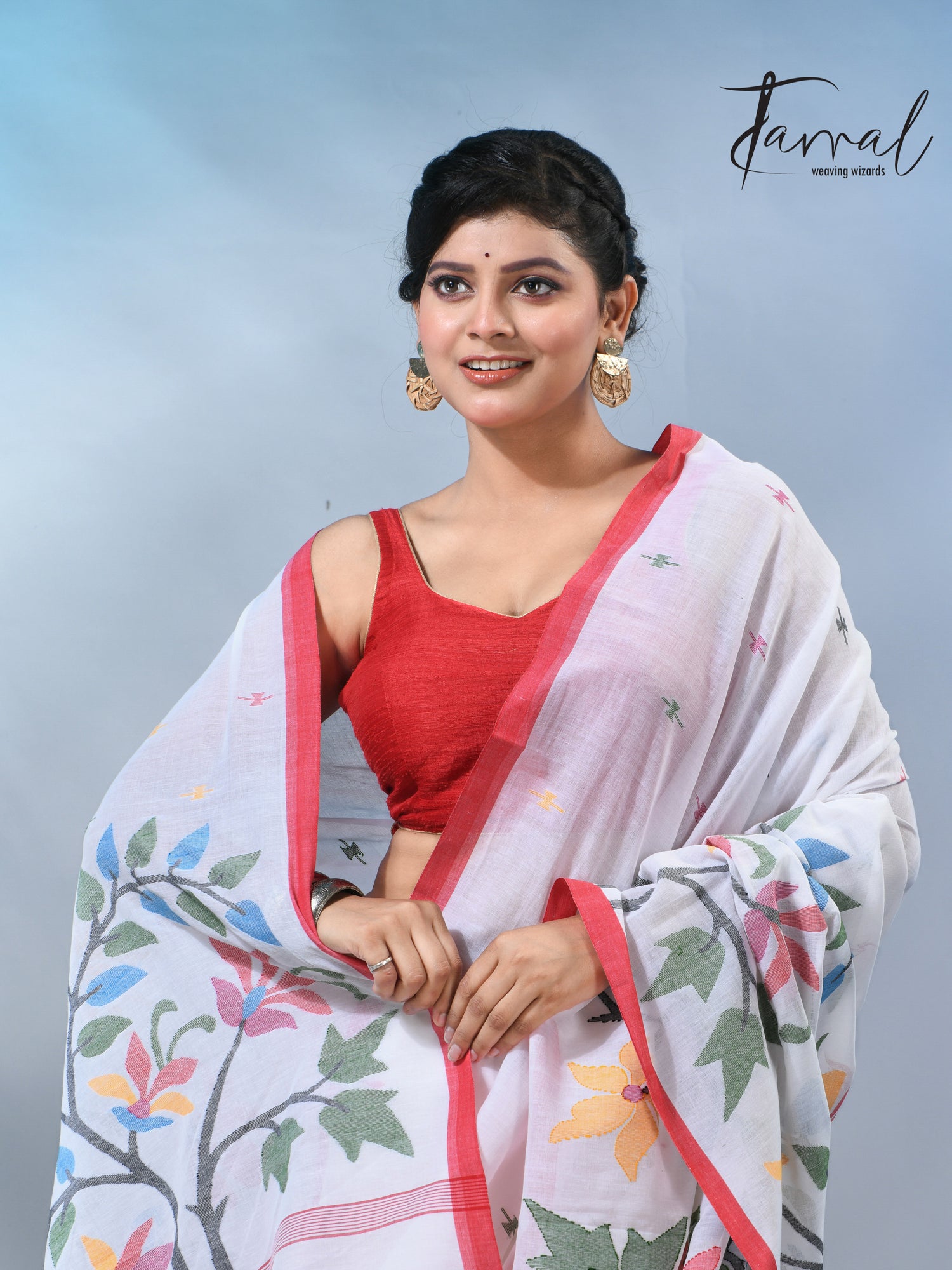 White with wide floral border cotton handwoven jamdani saree