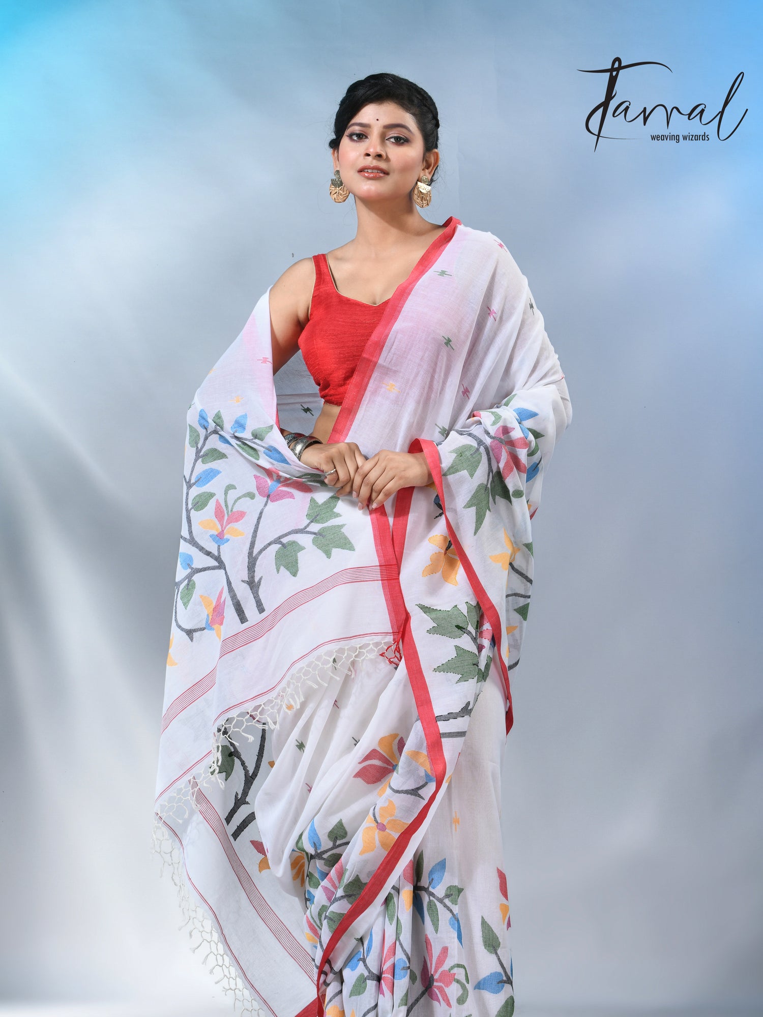 White with wide floral border cotton handwoven jamdani saree