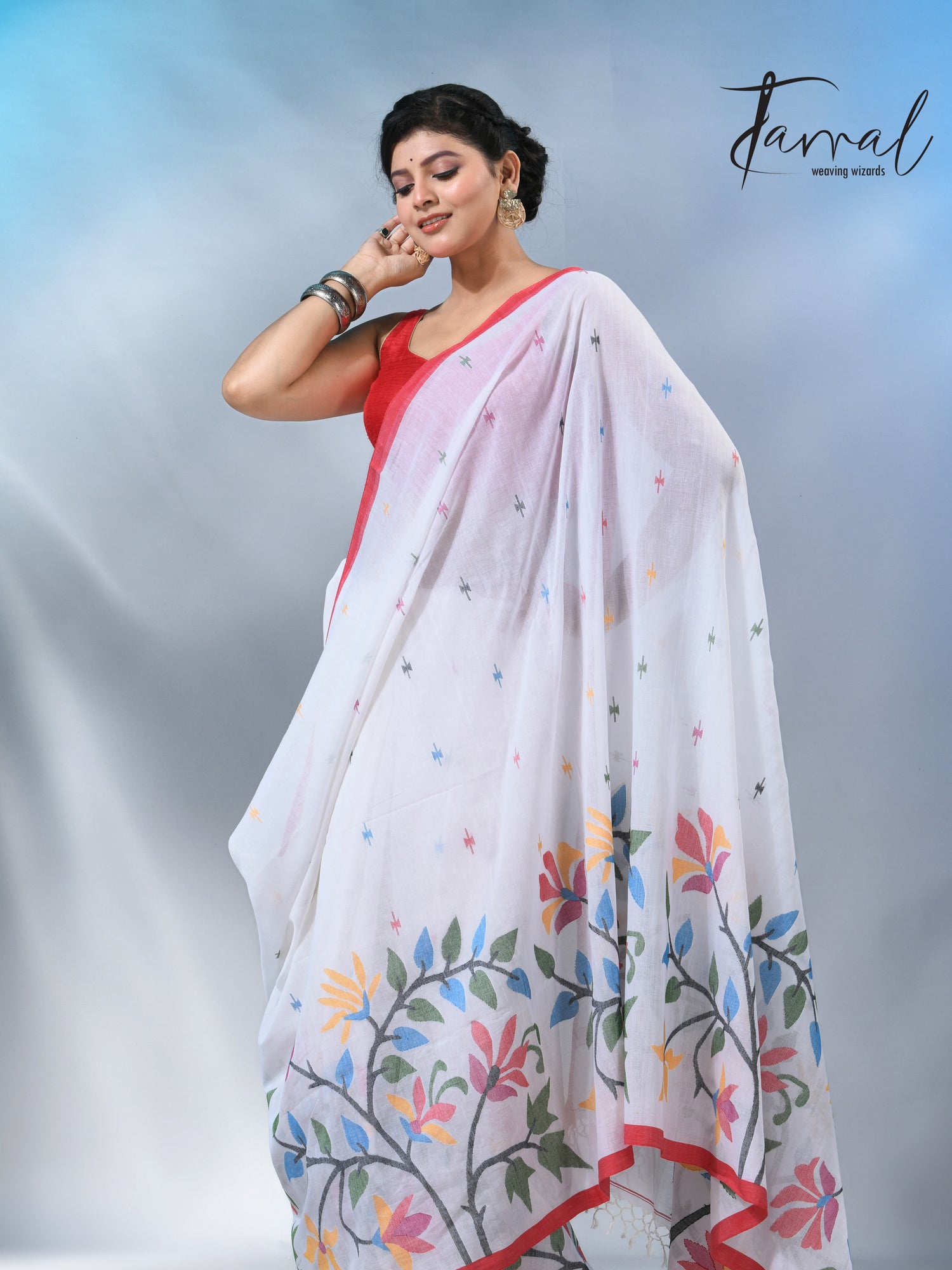 White with wide floral border cotton handwoven jamdani saree