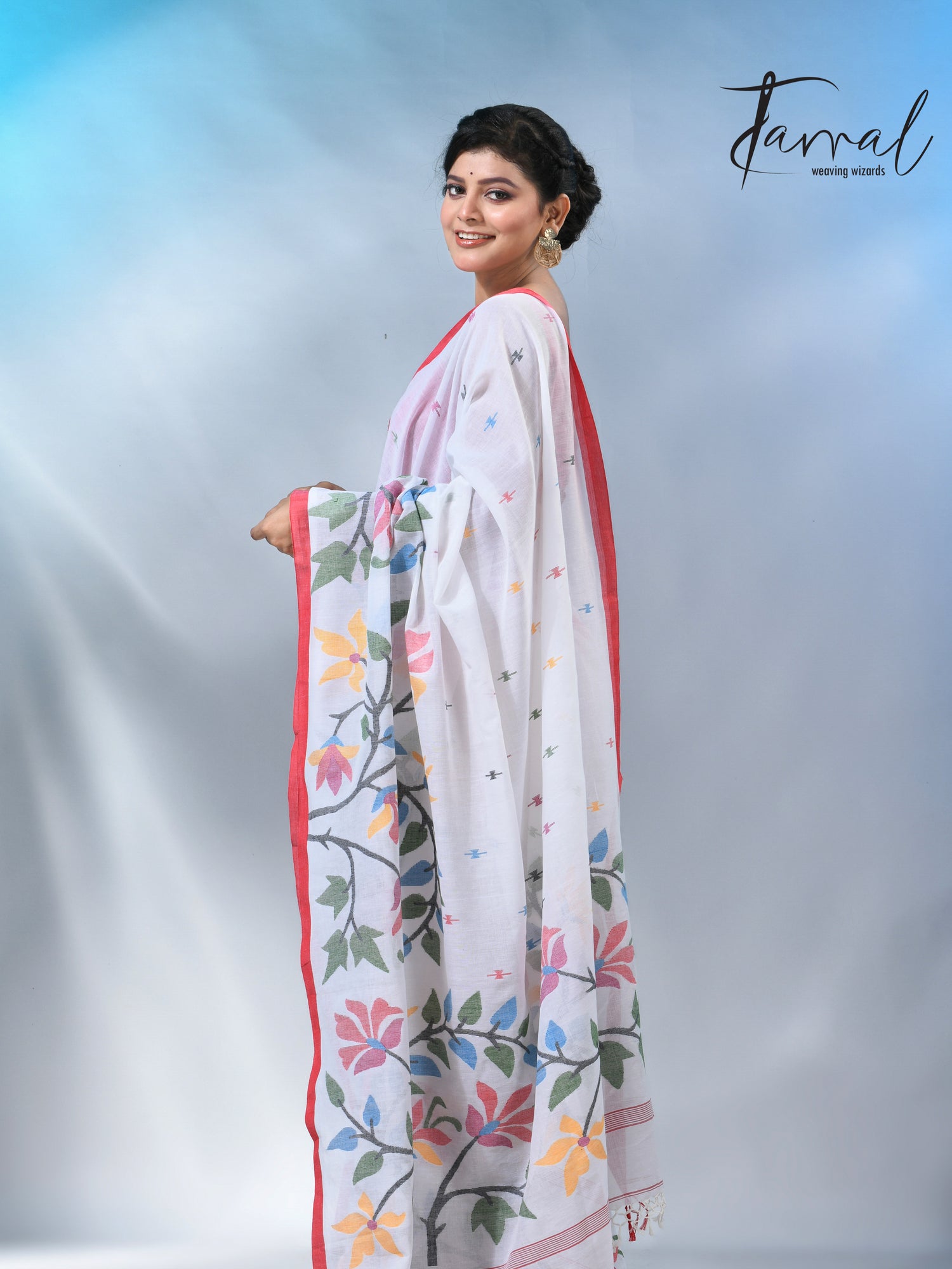White with wide floral border cotton handwoven jamdani saree