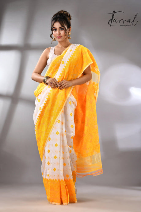 White with yellow soft dhakai jamdani saree Tamal Boutique - front view_2