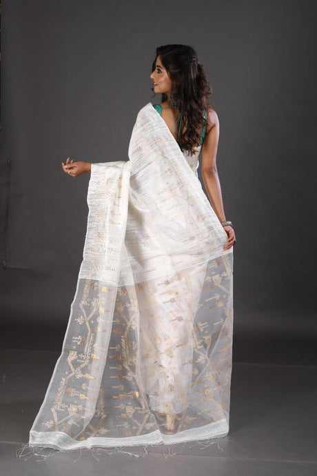 White with zari & ghicha work traditional handwoven matka silk jamdani saree - Tamal Boutique