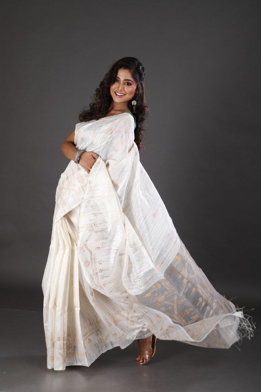 White with zari & ghicha work traditional handwoven matka silk jamdani saree - Tamal Boutique