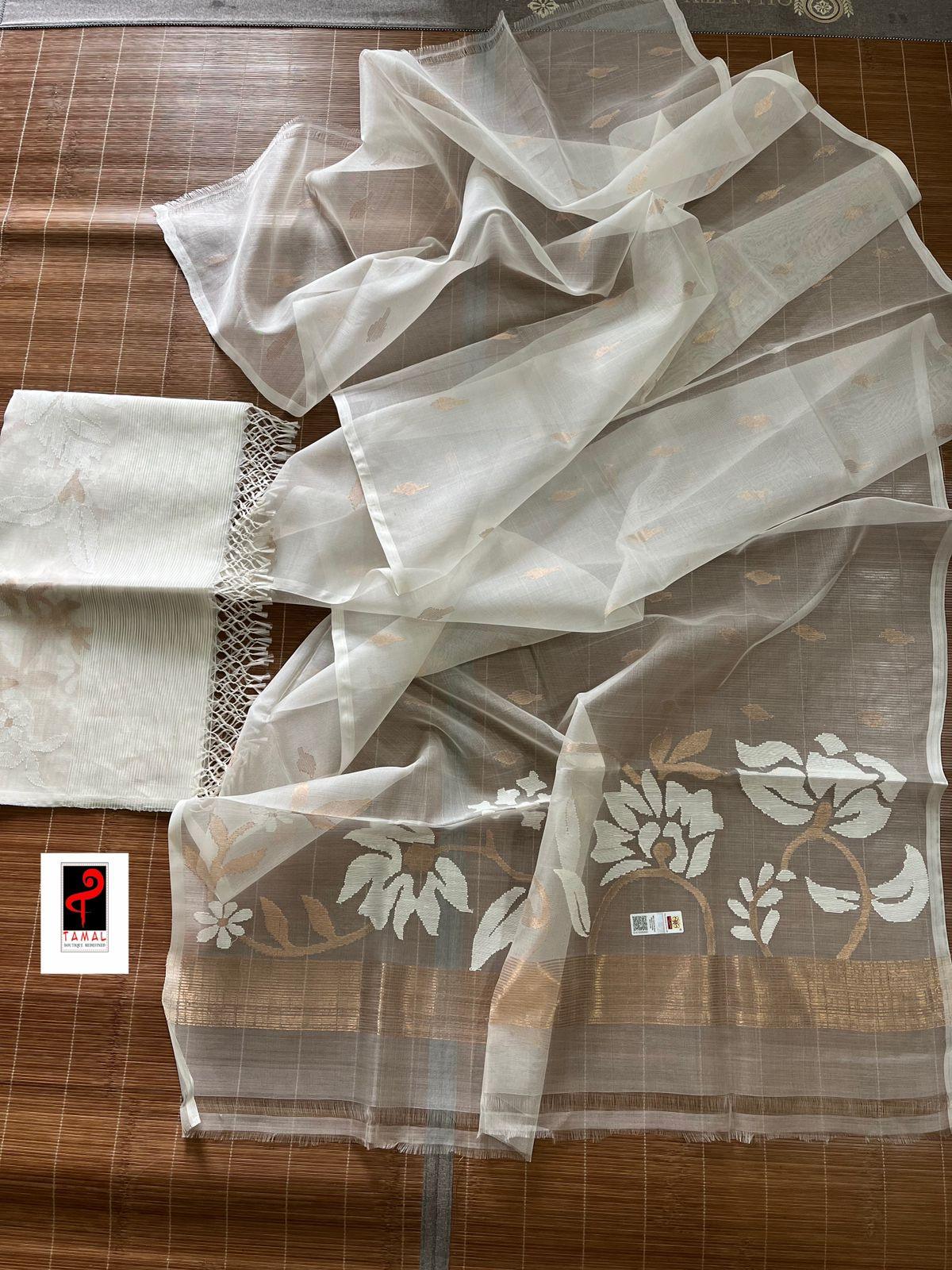White self with zari kurti & dupatta set in muslin silk - Tamal Boutique