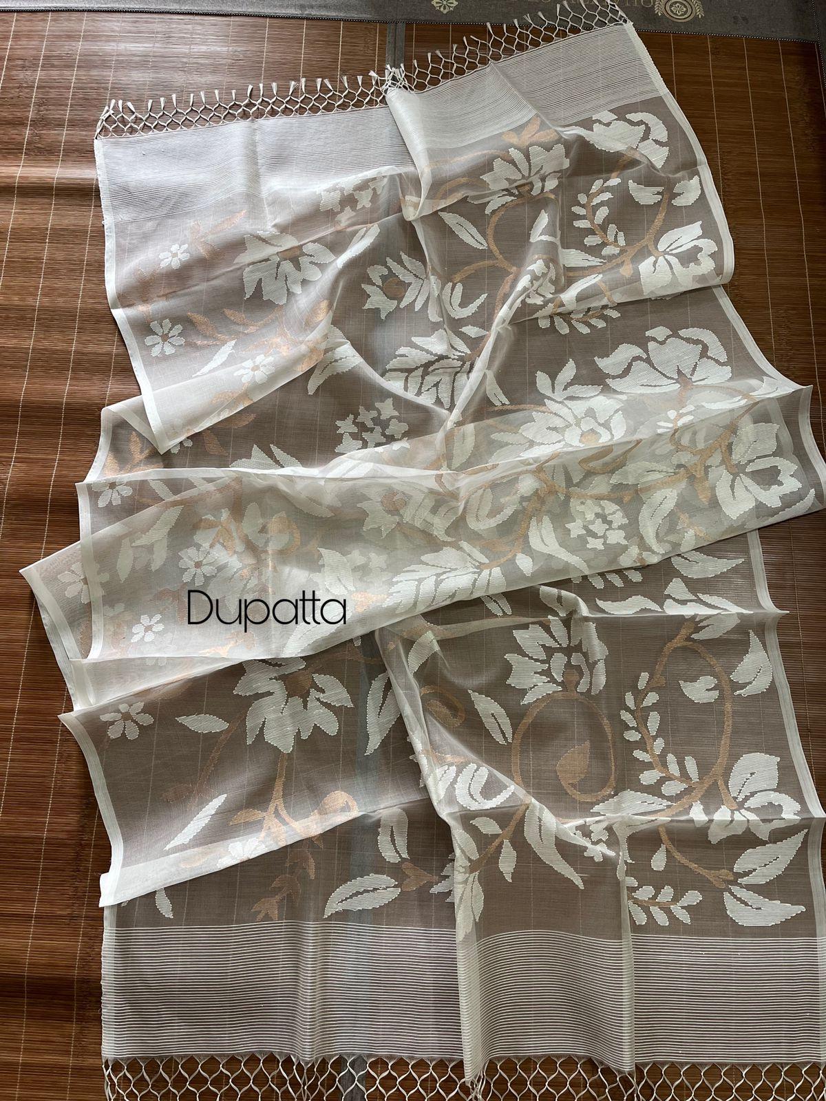 White self with zari kurti & dupatta set in muslin silk - Tamal Boutique