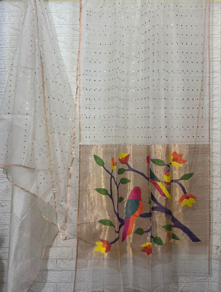 White with zari border paithani sequins handwoven organza silk saree - Tamal Boutique