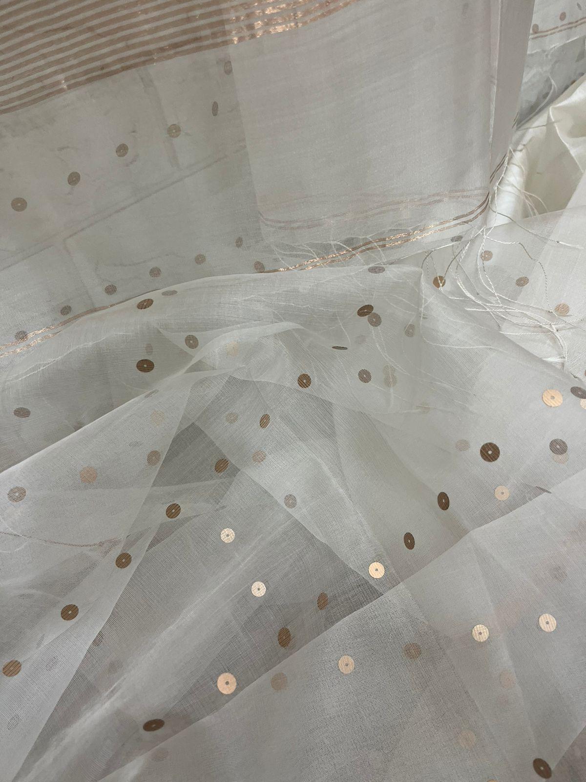 White with zari border paithani sequins handwoven organza silk saree - Tamal Boutique