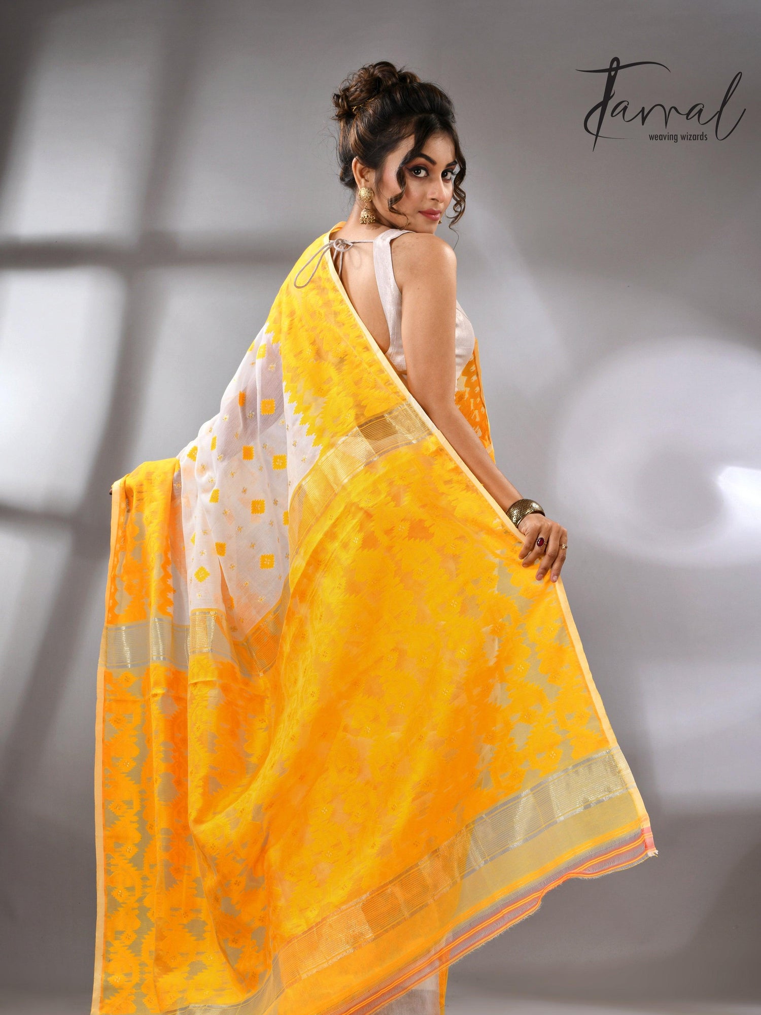 White & yellow soft handloom dhakai jamdani saree 