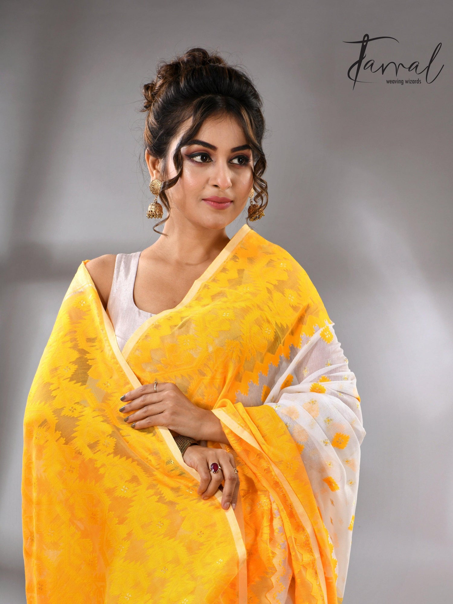 White & yellow soft handloom dhakai jamdani saree 