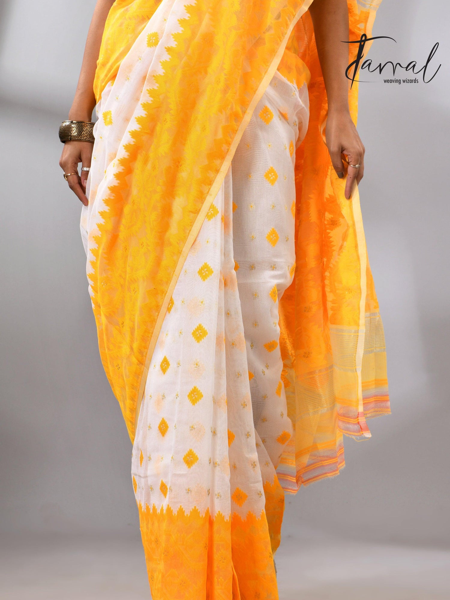 White & yellow soft handloom dhakai jamdani saree 