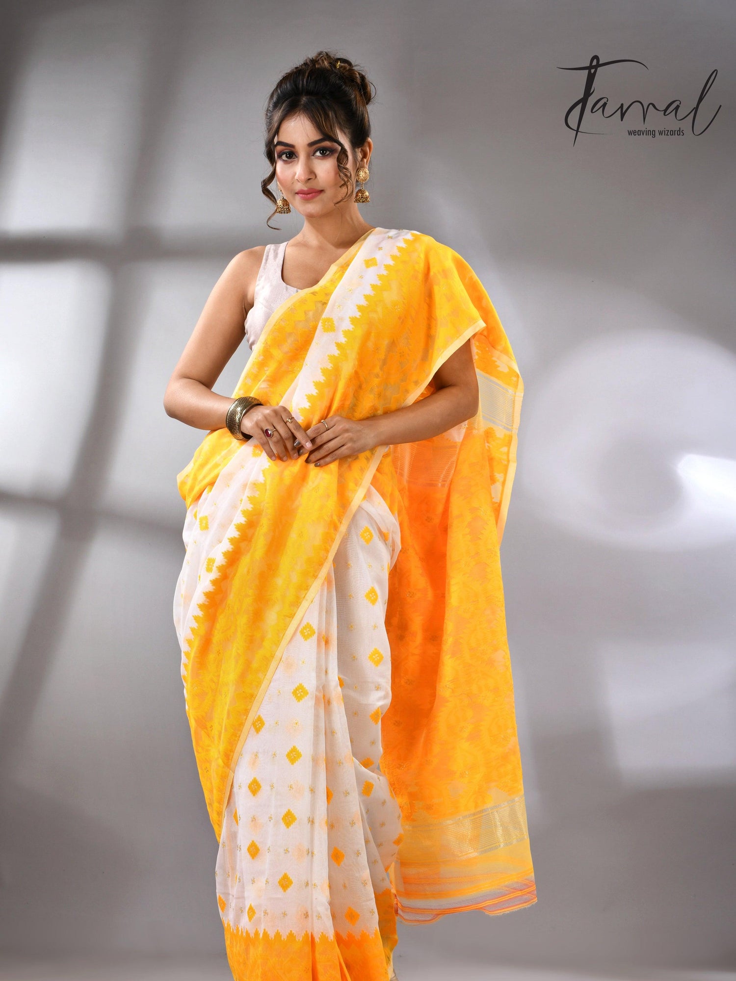 White & yellow soft handloom dhakai jamdani saree 