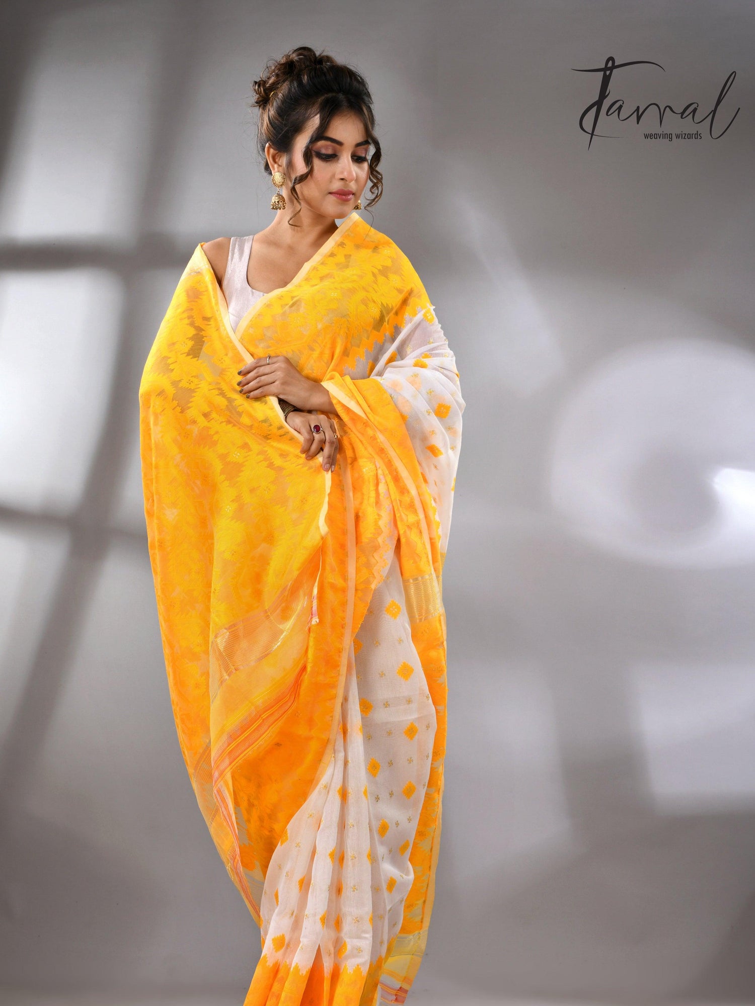 White & yellow soft handloom dhakai jamdani saree 