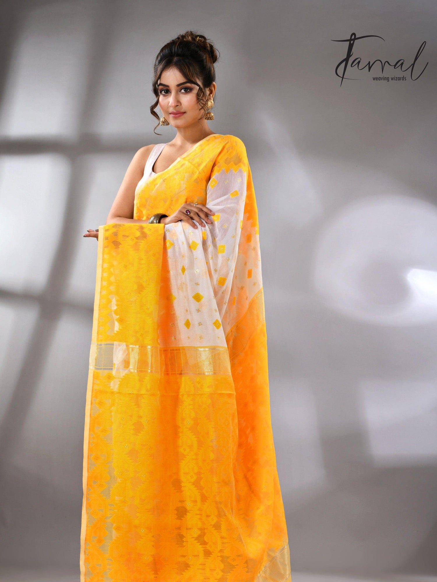 White & yellow soft handloom dhakai jamdani saree 