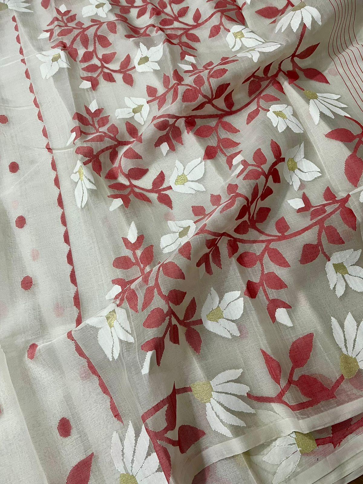 White with red & golden floral motifs handwoven muslin silk jamdani saree - Tamal Boutique