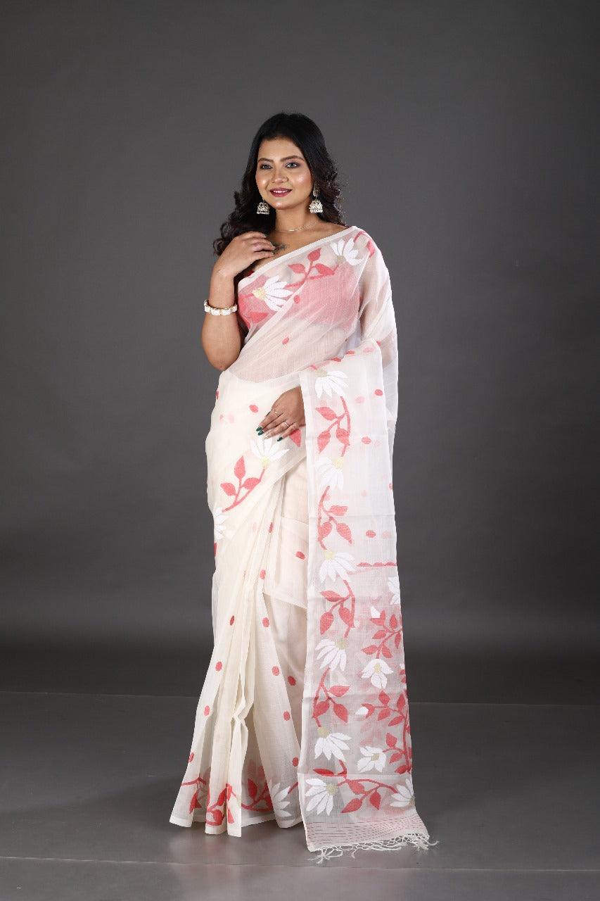 White with red & golden floral motifs handwoven muslin silk jamdani saree - Tamal Boutique