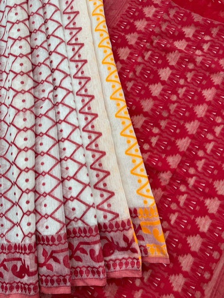 White with red & yellow handloom soft dhakai jamdani saree - Tamal Boutique