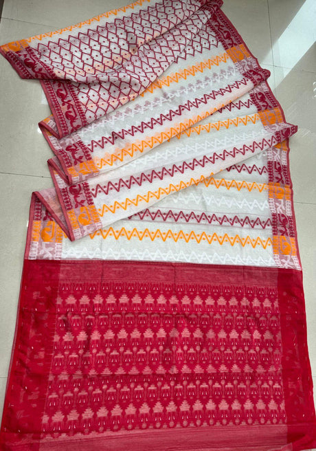 White with red & yellow handloom soft dhakai jamdani saree - Tamal Boutique