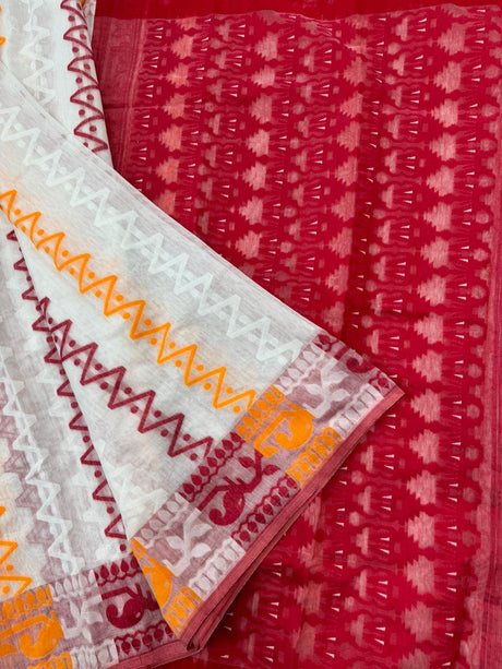White with red & yellow handloom soft dhakai jamdani saree - Tamal Boutique