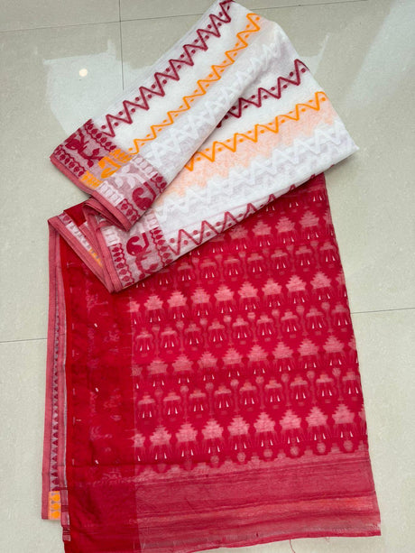 White with red & yellow handloom soft dhakai jamdani saree - Tamal Boutique
